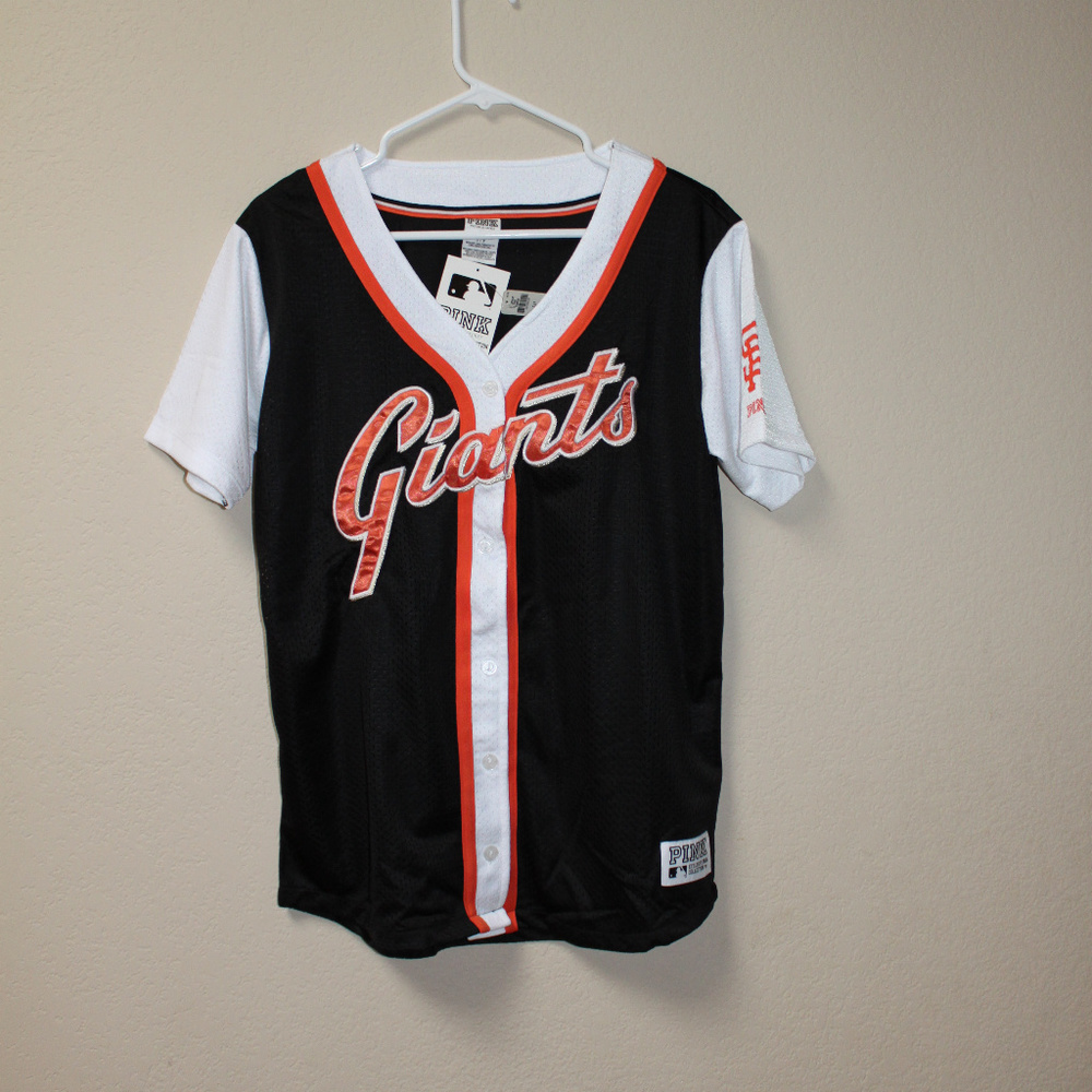 SF GIANTS Victoria's Secret PINK San Francisco Baseball Jersey Shirt Black Top